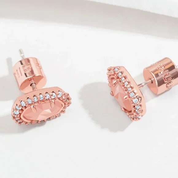 Alicia Bonnie Halo Oval Stud Earrings Rose Gold Crystal Rose Quartz Sparkly - Picture 2 of 6